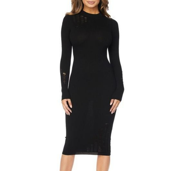 Dresses & Skirts - Black Distressed Long Sleeve Midi Sweater Dress